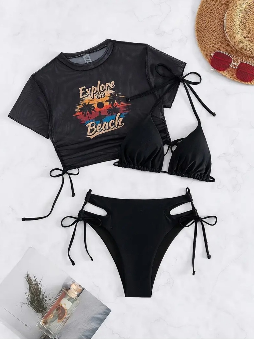 Black 'Explore the Beach' Mesh Crop with Black Bikini Set